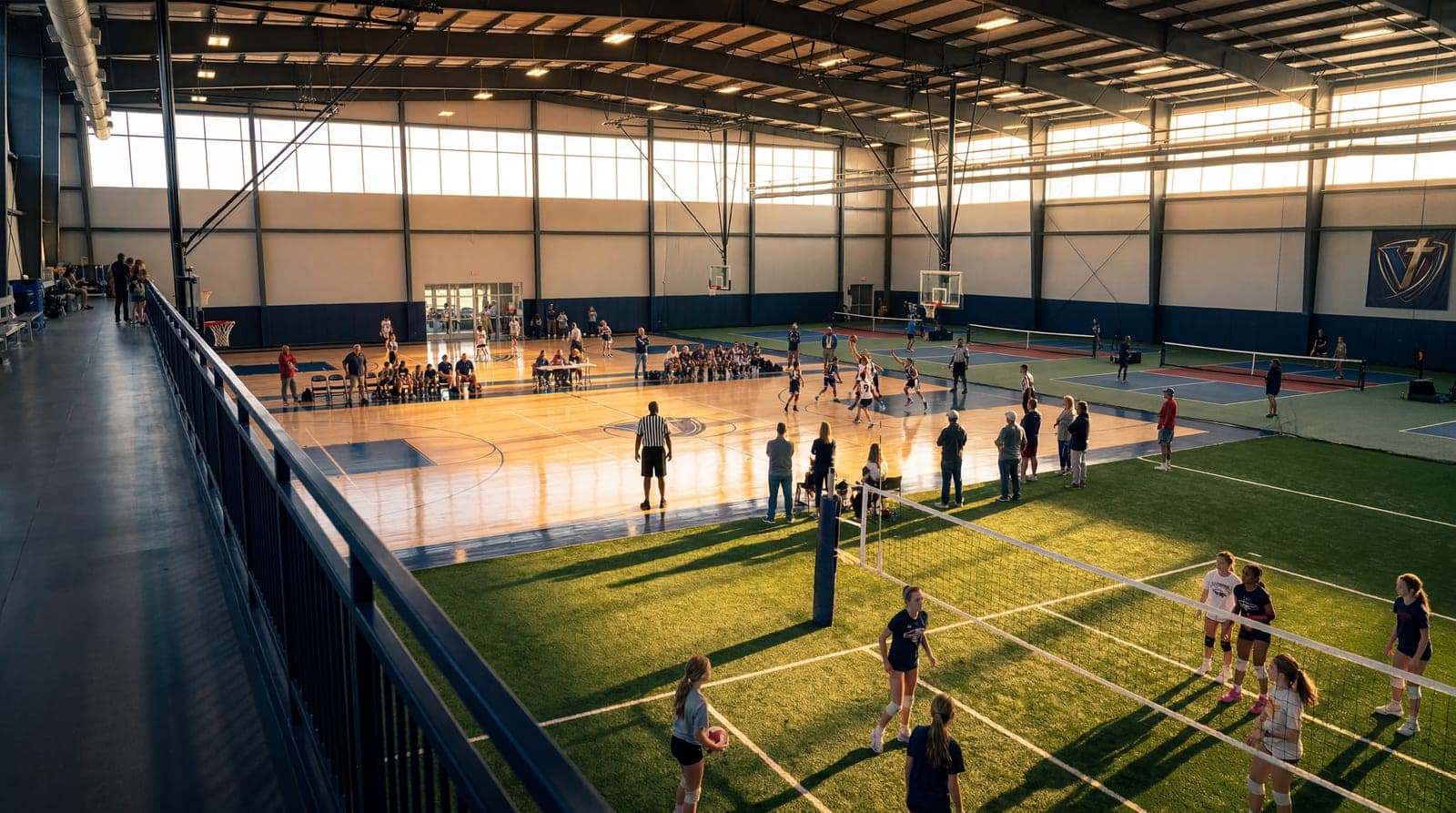 Concept illustration of athletes competing on indoor courts