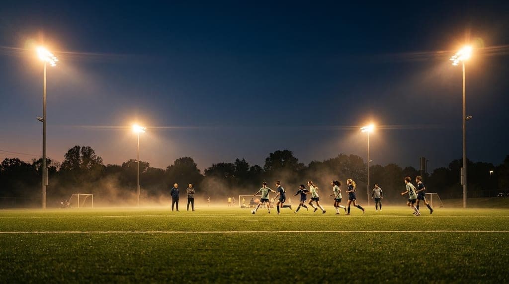 Concept illustration of players and spectators at a lighted sports field