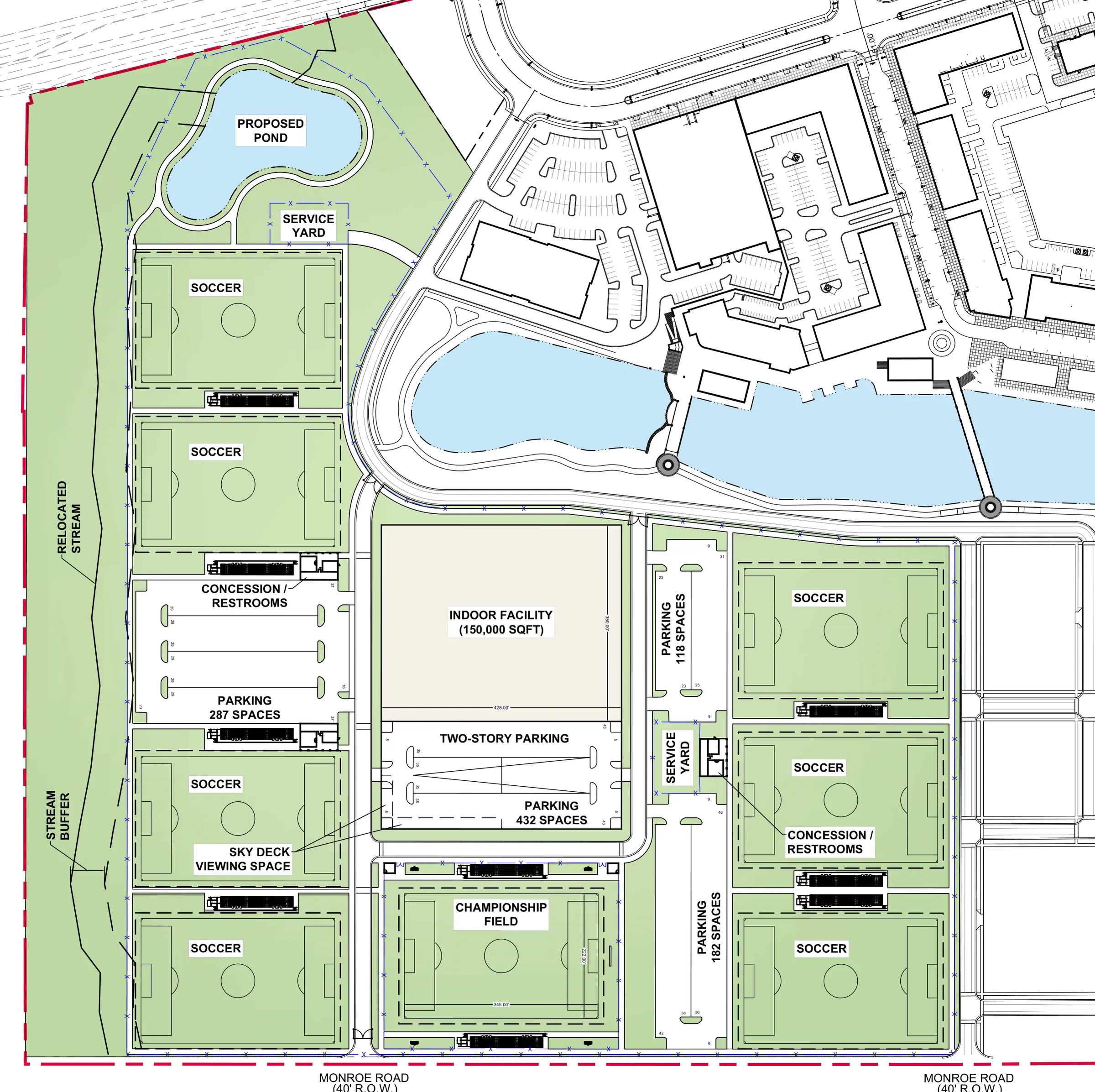 A2H campus concept drawing showing outdoor fields, championship field, indoor facility, and parking